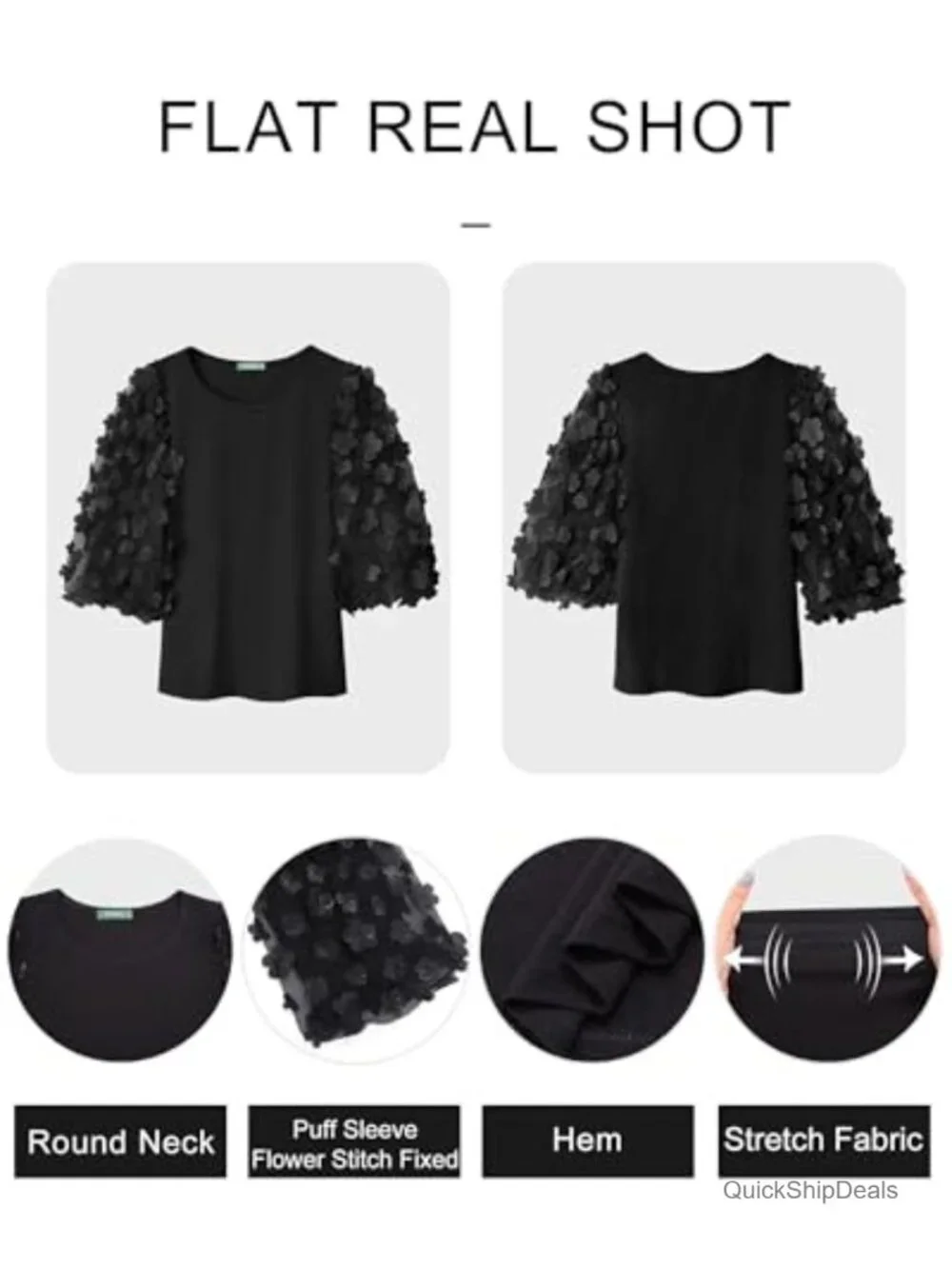 Crew Neck Cotton 3/4 Puff Sleeve Blouse with Mesh Appliques
